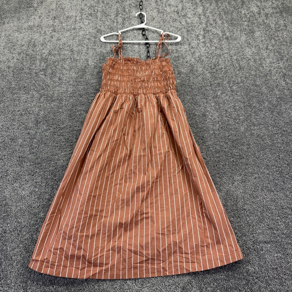 A New Day Midi Dress Womens L Brown Striped Smocked Sleeveless